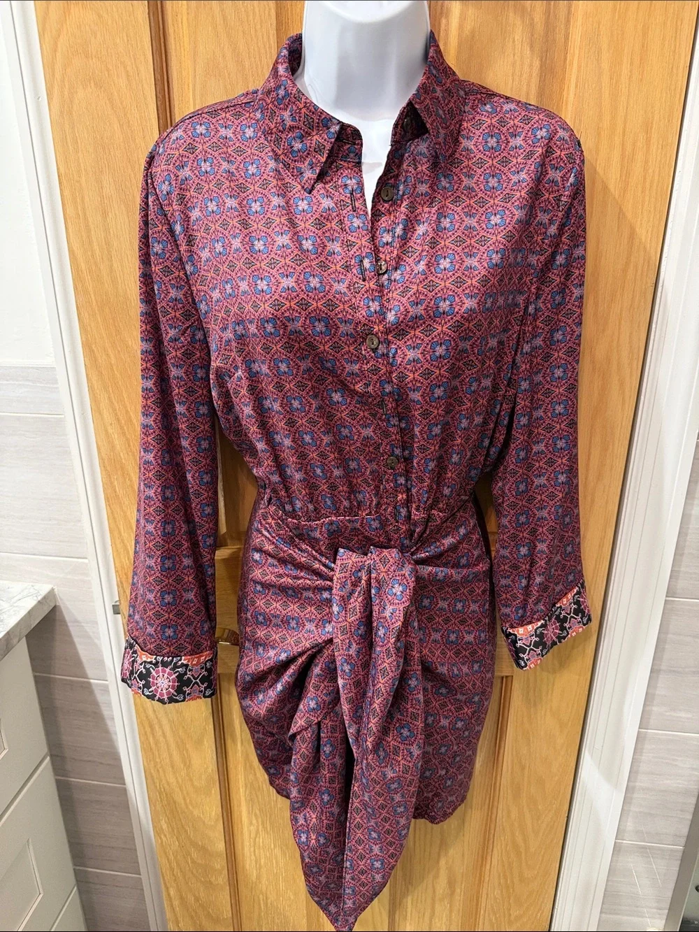 Free People Long-Sleeve Printed Tie-Waist Dress in Burgundy and Blue